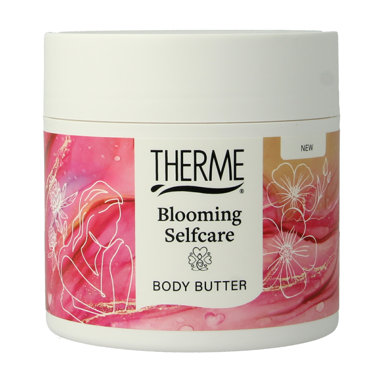 Therme blooming body butter jar showing creamy texture and floral design, 225 grams, for nourishing body care.