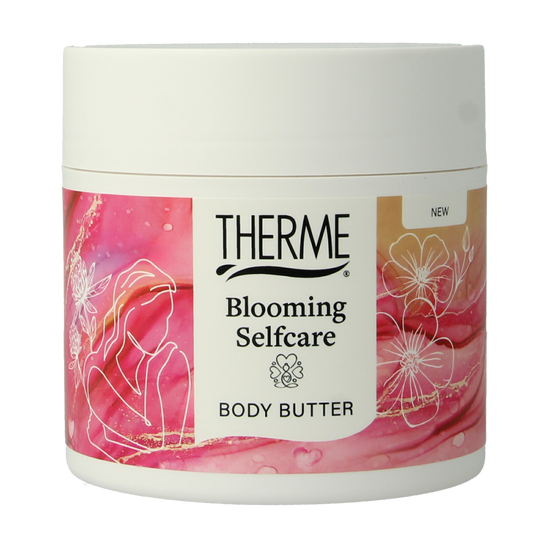 Therme blooming body butter jar showing creamy texture and floral design, 225 grams, for nourishing body care.
