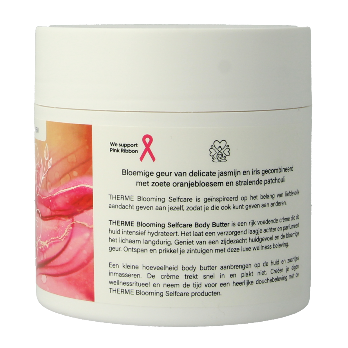 Therme Bodybutter Blooming self-care body moisturizer jar, 225g, with floral design on the label, creamy texture visible.