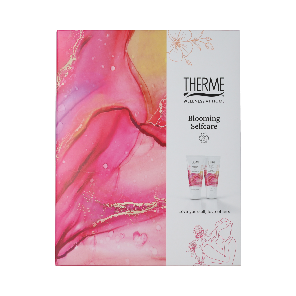 Therme Blooming Selfcare gift set with two body care products, featuring floral packaging and natural ingredients.