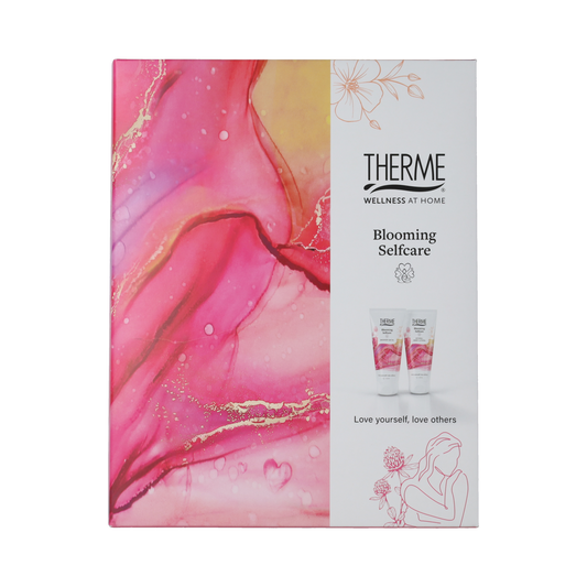 Therme Blooming Selfcare gift set with two body care products, featuring floral packaging and natural ingredients.