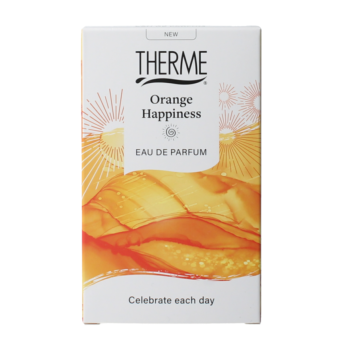 Therme Orange Happiness eau de parfum bottle, 30ml, with vibrant orange floral design and elegant packaging.