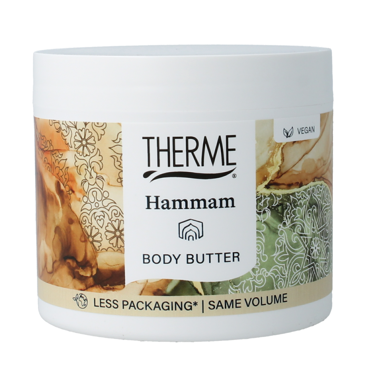 Therme Hammam body butter in 225g jar, creamy texture, skincare product for nourishing and moisturizing the skin.
