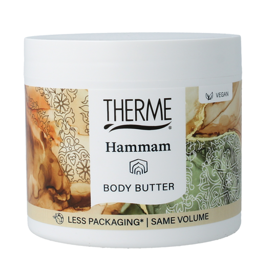 Therme Hammam body butter in 225g jar, creamy texture, skincare product for nourishing and moisturizing the skin.