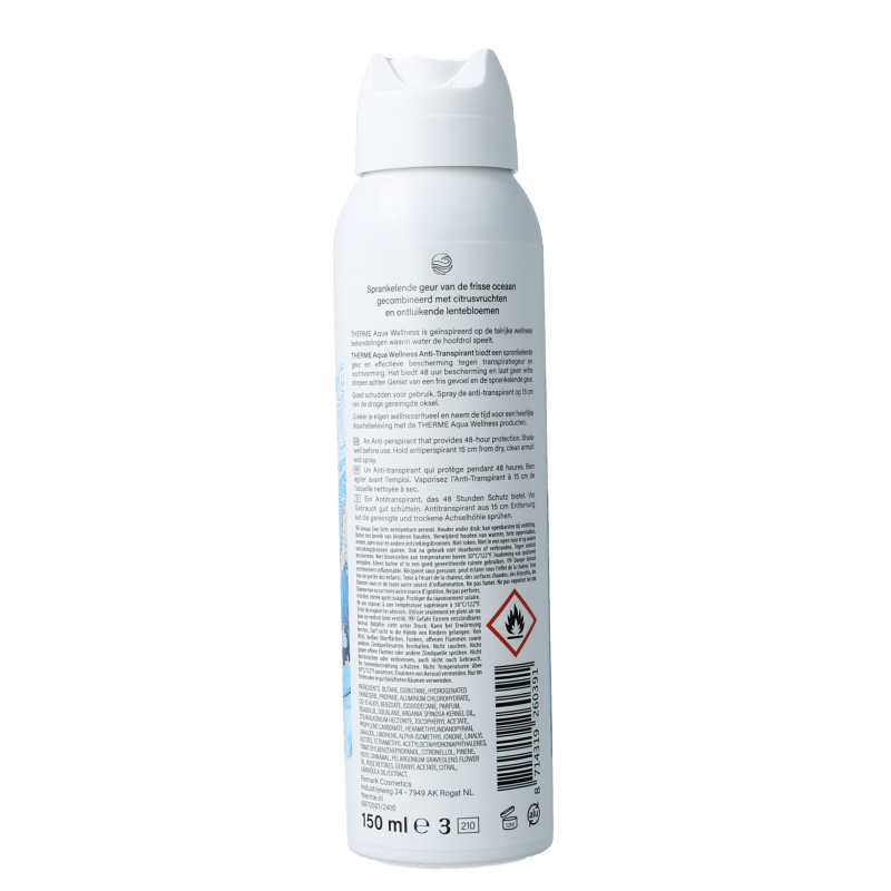 Therme Deospray anti-transpirant aqua wellness 150ml spray bottle with fresh blue design and pump nozzle for underarm freshness.