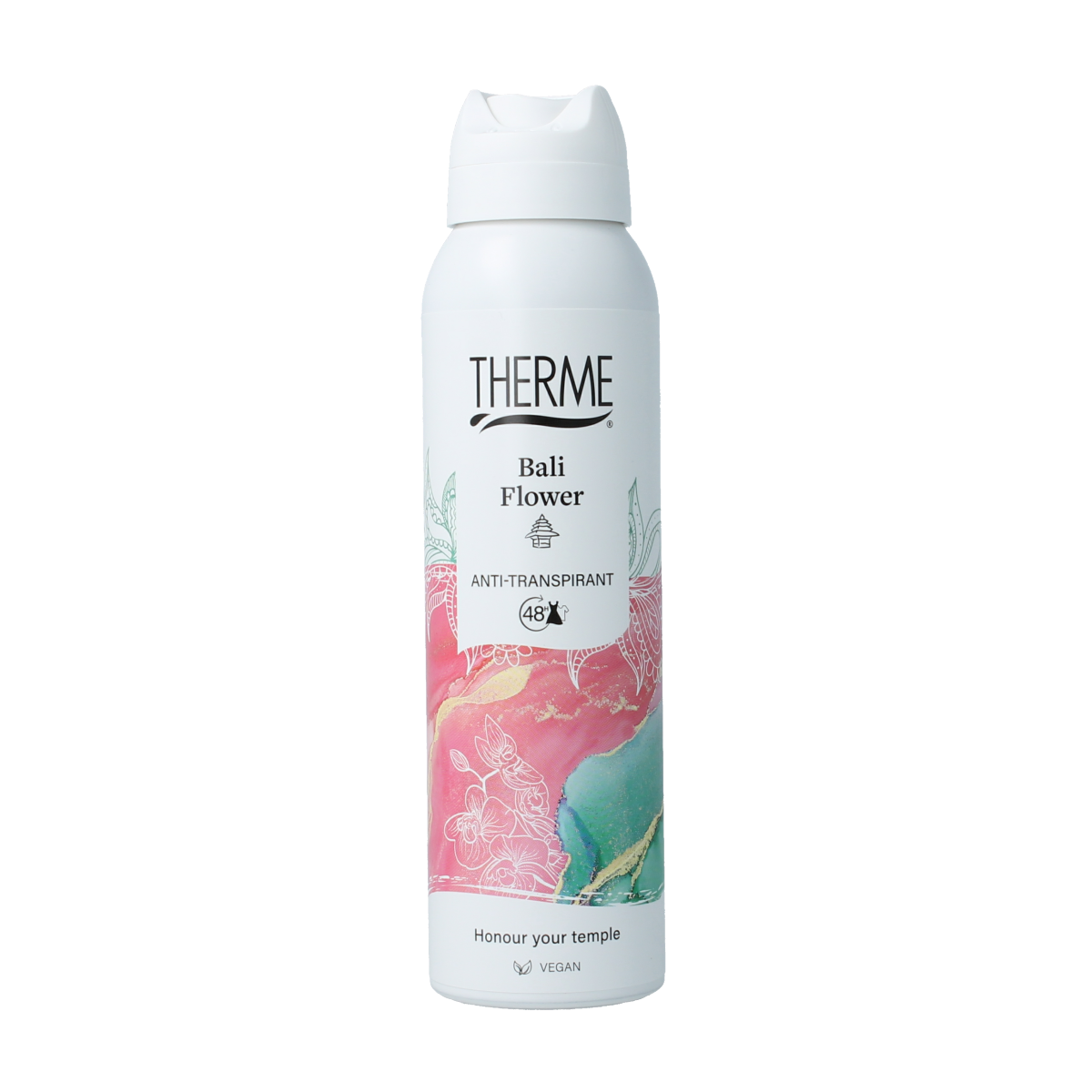 Therme Bali flower deodorant anti-transpirant 150ml bottle with floral design and spray nozzle, designed for freshness and odor control.