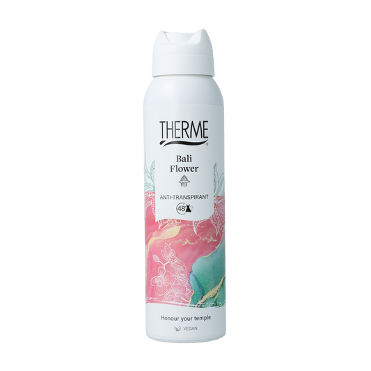 Therme Bali flower deodorant anti-transpirant 150ml bottle with floral design and spray nozzle, designed for freshness and odor control.