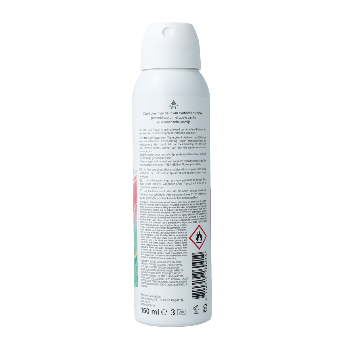 Therme Bali flower deodorant anti-transpirant spray bottle, 150ml, with floral label and cap, designed for freshness and odor control.