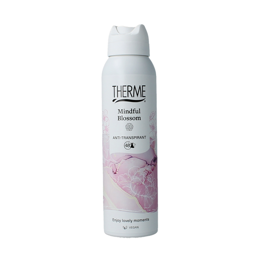 Therme Mindful Blossom deodorant spray in 150ml bottle, featuring floral scent and sleek design.