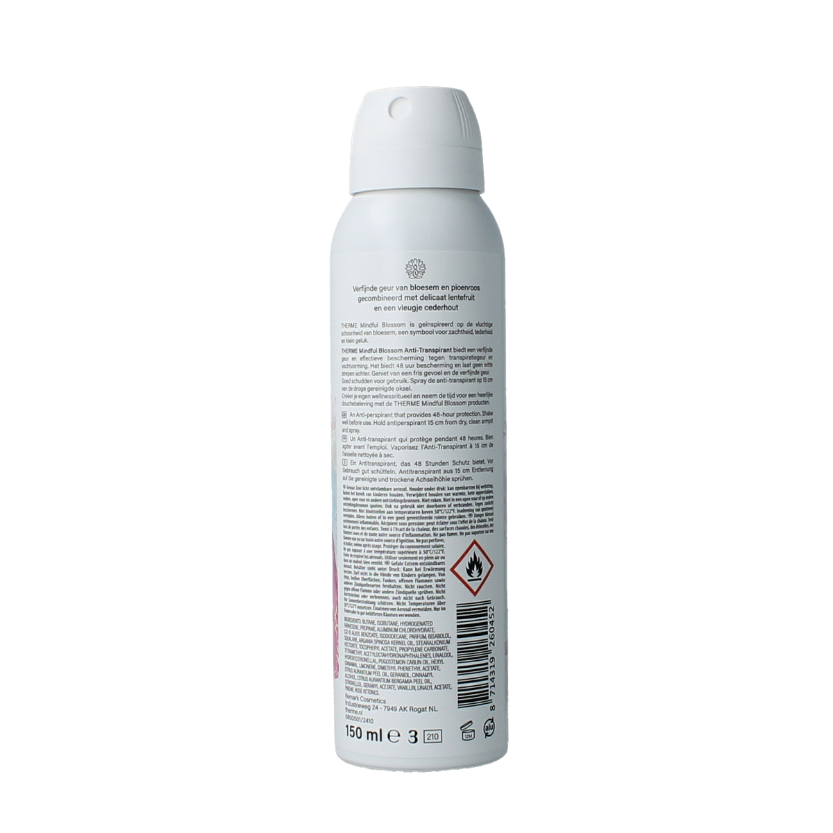 Therme Mindful Blossom deodorant spray 150ml bottle with floral label and spray nozzle, designed for fresh, natural scent.