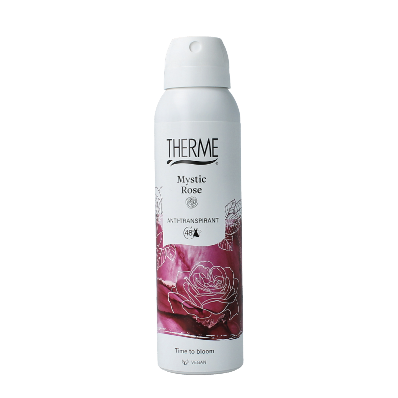Therme Mystic Rose deodorant anti-transpirant spray bottle, 150ml, with elegant rose design and pump nozzle visible.