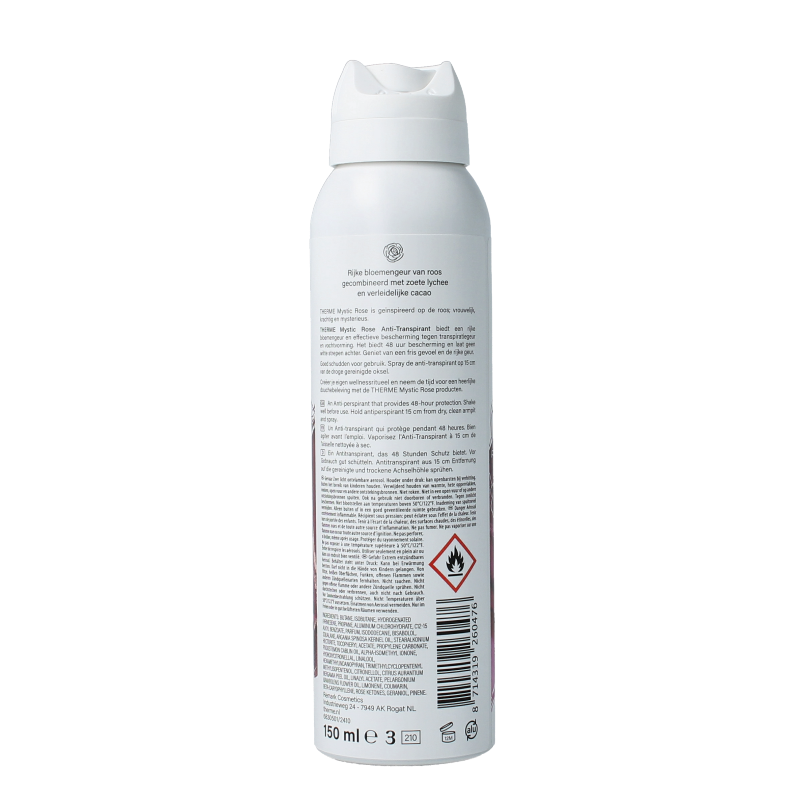 Therme Mystic Rose deodorant anti-transpirant spray in 150ml bottle, featuring a floral design and rose scent.