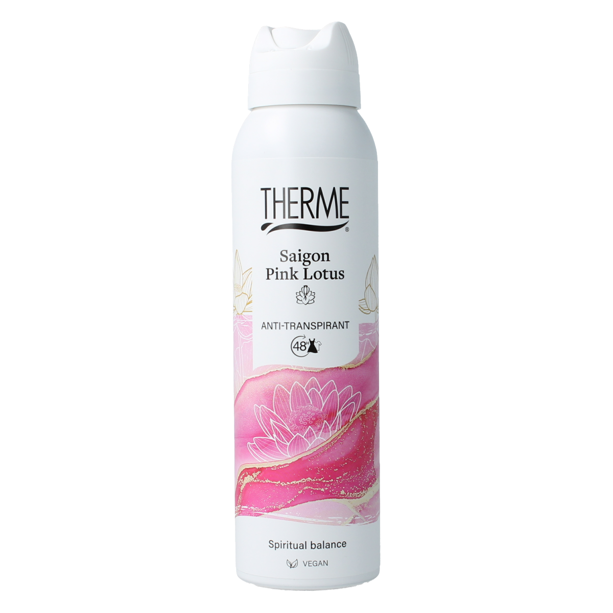 Therme Saigon pink lotus deodorant spray 150ml, anti-transpirant with floral pink lotus scent, in a sleek spray bottle.