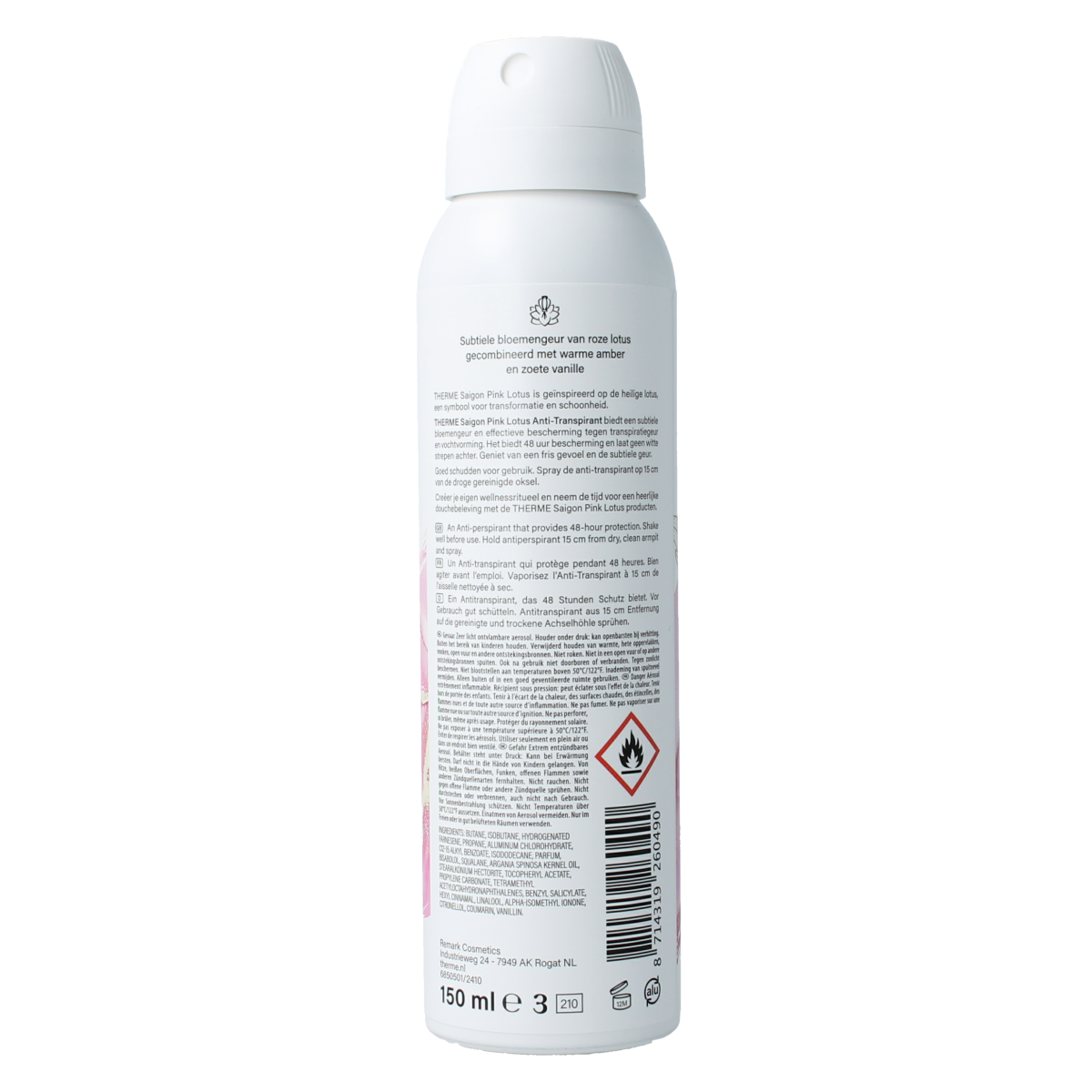 Therme Saigon pink lotus deodorant spray, 150ml, with pink lotus flower and sleek packaging, for fresh scent and odor control
