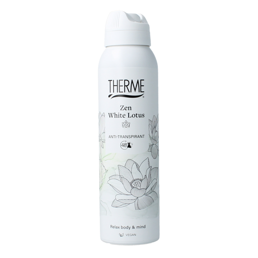 Therme Zen white lotus deodorant spray, 150ml, anti-transpirant with floral scent in a white bottle.