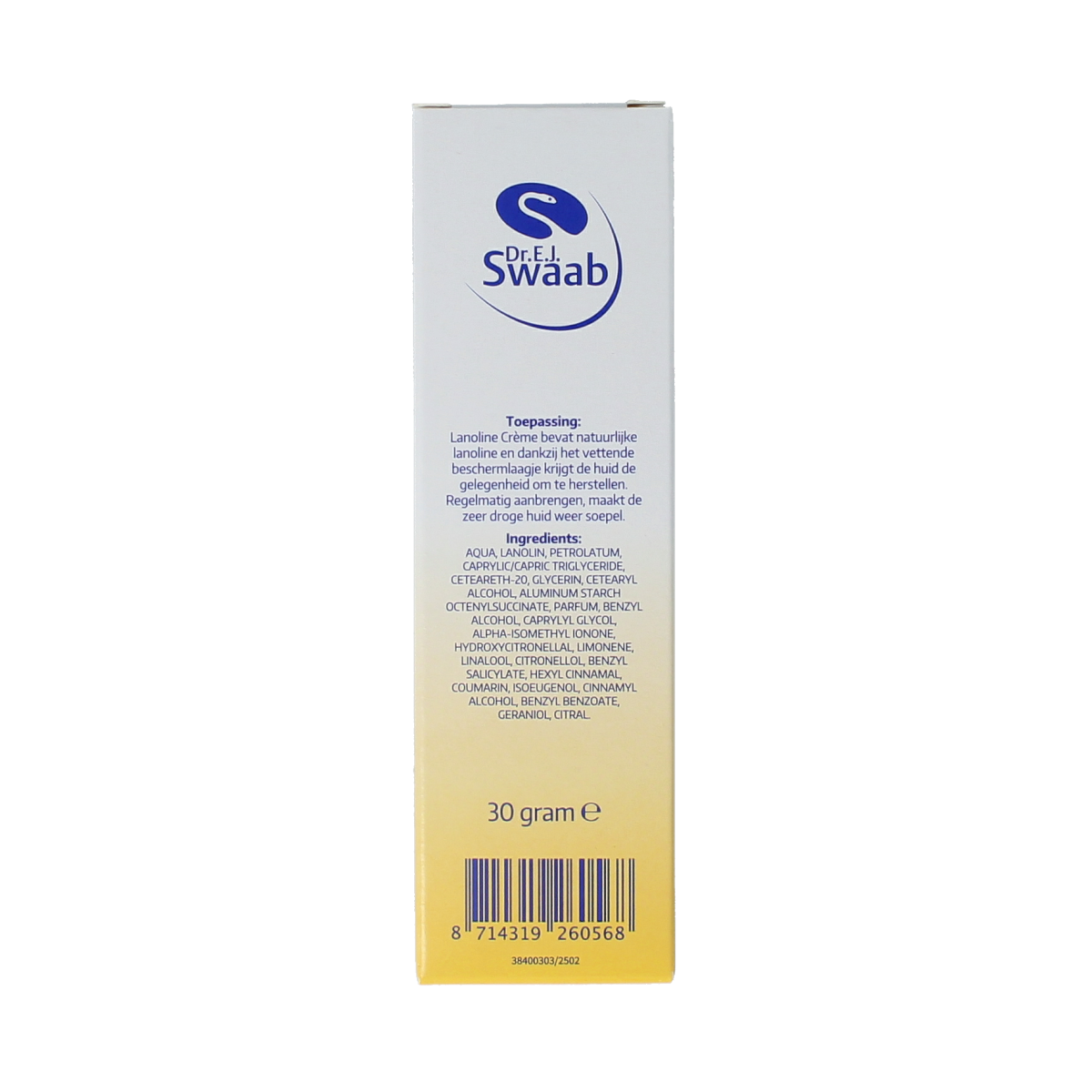 Dr. Swaab Lanoline creme 30g for body care, featuring a white jar with a blue lid and label, on a plain background.