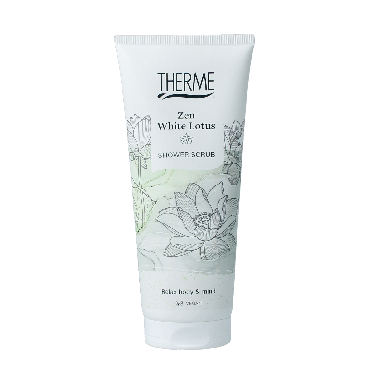 Therme Zen white lotus shower scrub in 200ml bottle, featuring a smooth white label and a pump dispenser for bath and shower use.
