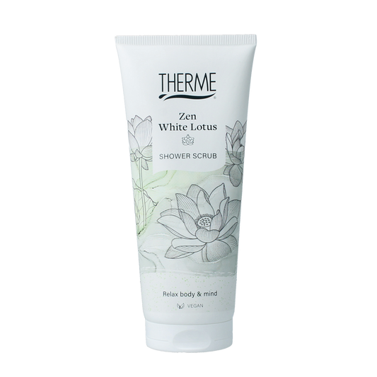 Therme Zen white lotus shower scrub in 200ml bottle, featuring a smooth white label and a pump dispenser for bath and shower use.