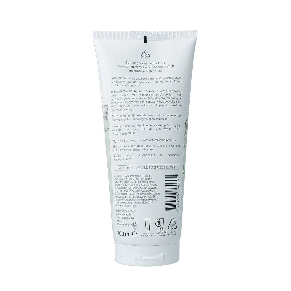 Therme Zen white lotus shower scrub in 200ml bottle, moisturizing bad en douche product with floral scent, displayed in the image.