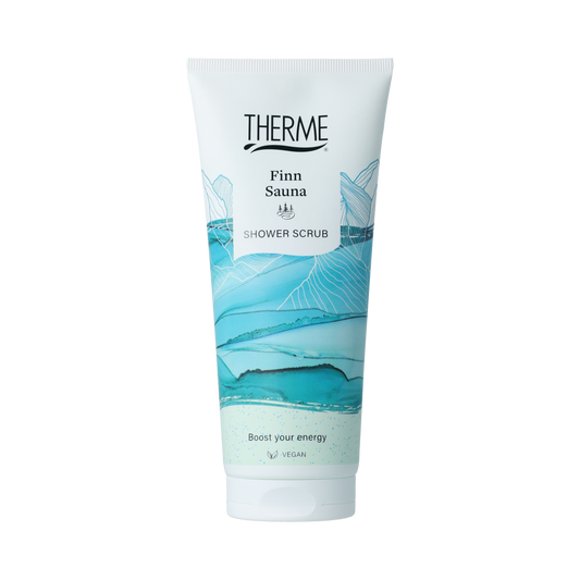 Therme Finn Sauna Shower Scrub in 200ml, a soothing bath and shower product with exfoliating properties, featuring a sleek container.