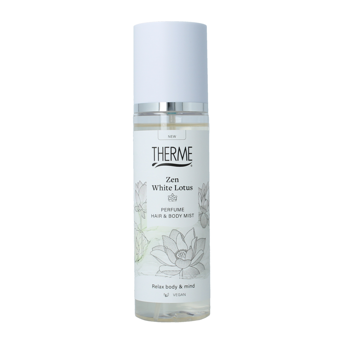 Therme Zen white lotus perfume hair and body mist in 200ml spray bottle, luxurious floral scent for skin and hair.