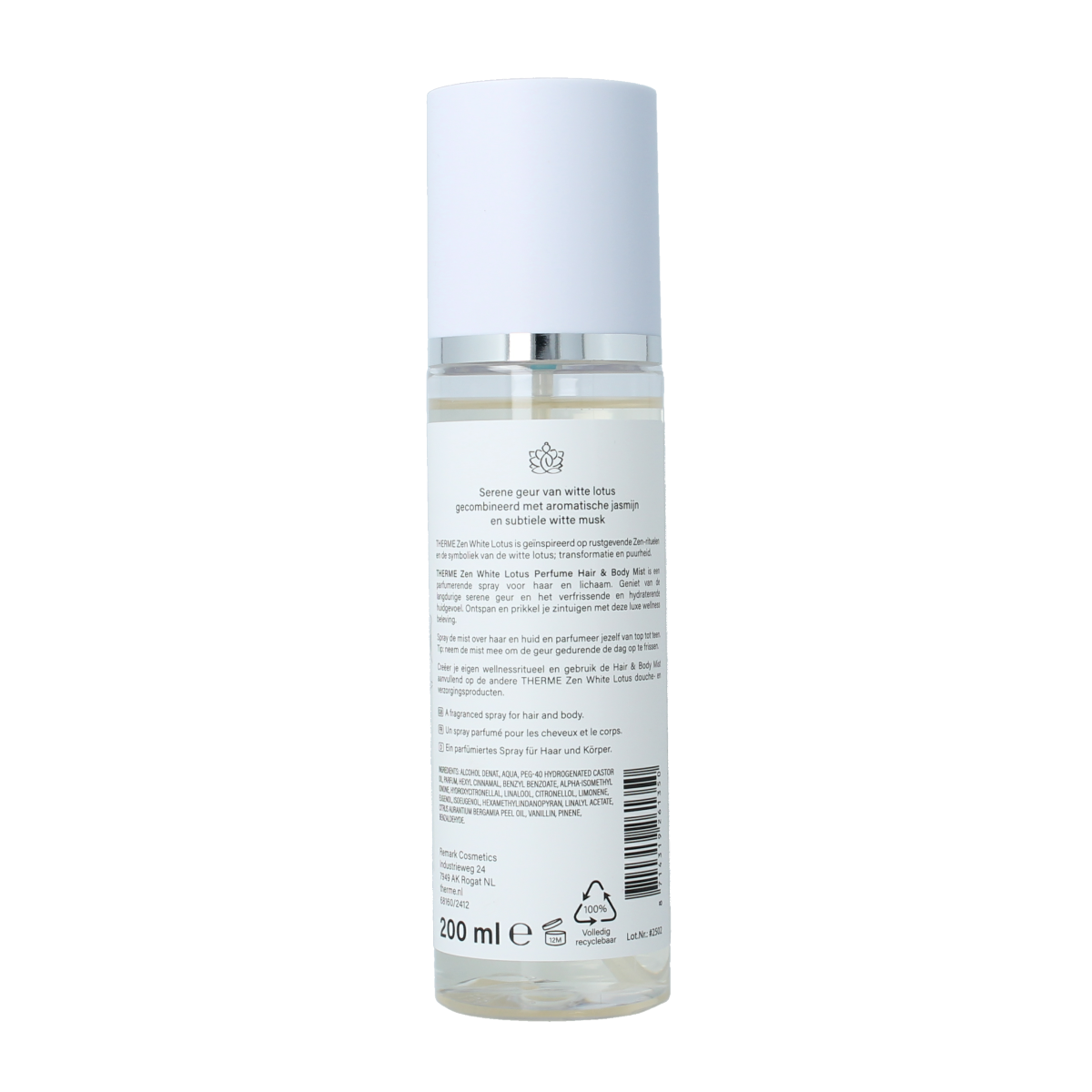 Therme Zen white lotus perfume hair and body mist in 200ml spray bottle, featuring a sleek design and calming floral scent.