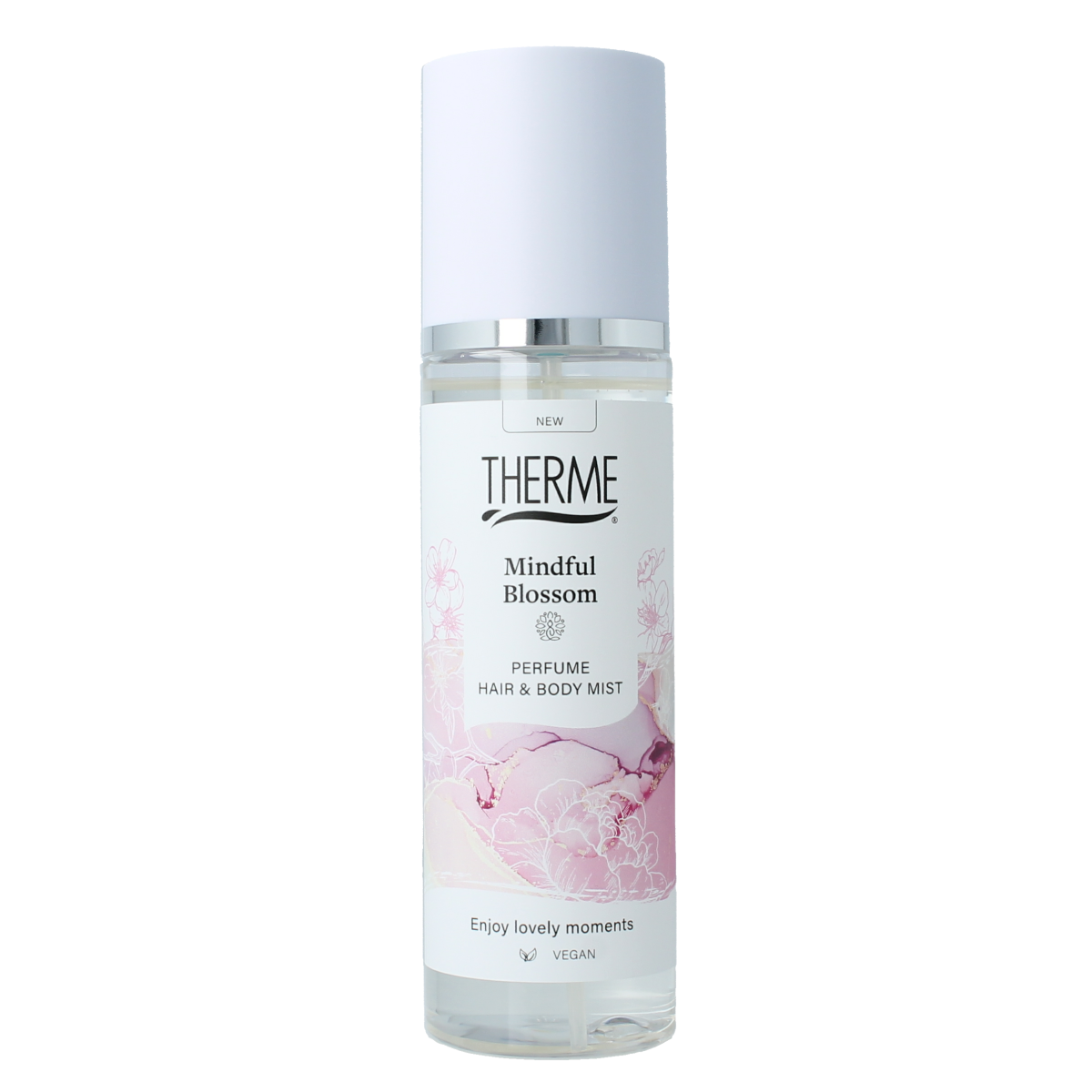 Therme Mindful Blossom perfume hair and body mist in 200ml bottle, featuring floral scent and luxurious body care.