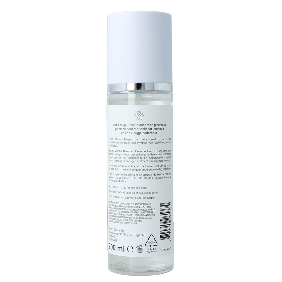 Therme Mindful Blossom perfume hair and body mist in a 200ml spray bottle, featuring floral and calming scent elements.