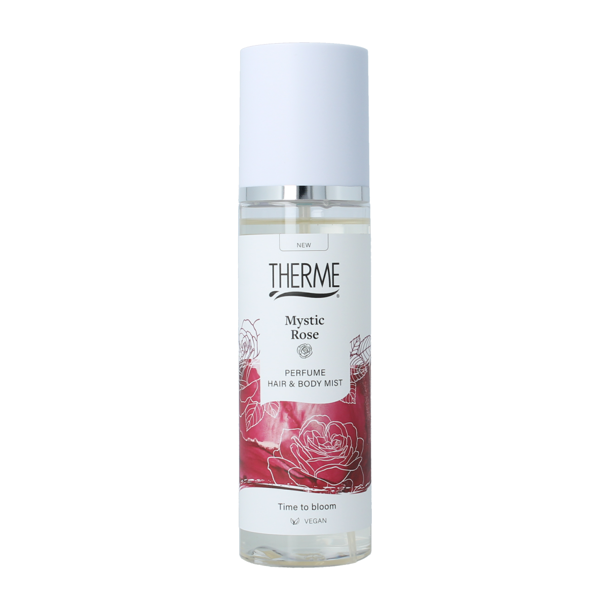 Therme Mystic Rose perfume hair and body mist, 200ml, with floral rose scent and elegant packaging.