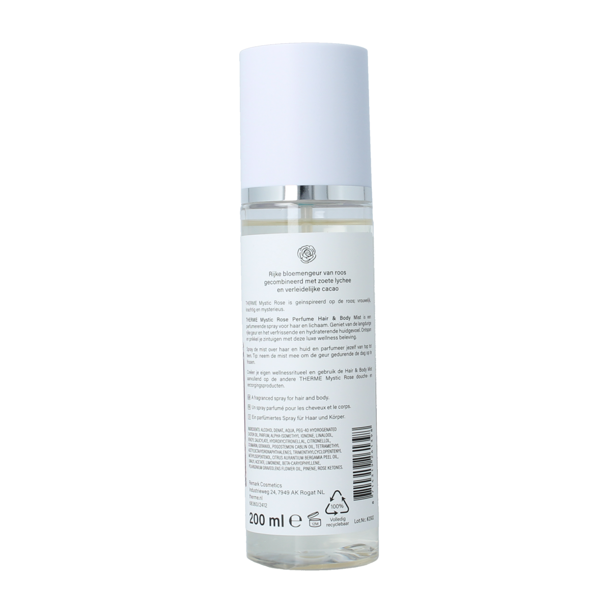 Therme Mystic Rose perfume hair and body mist in 200ml bottle, featuring a floral rose scent and elegant packaging.
