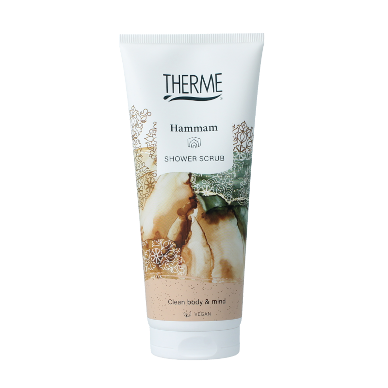 Therme Hammam shower scrub in 200ml bottle, used for exfoliating and cleansing in the bad en douche routine.