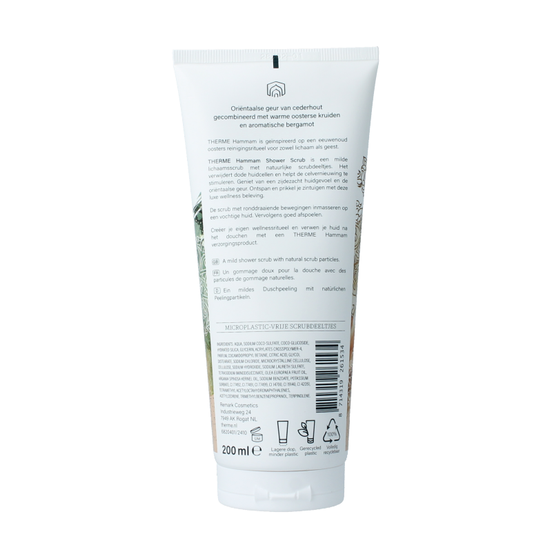 Therme Hammam shower scrub 200ml bottle, bad en douche product with textured label and pump dispenser for exfoliating shower use.