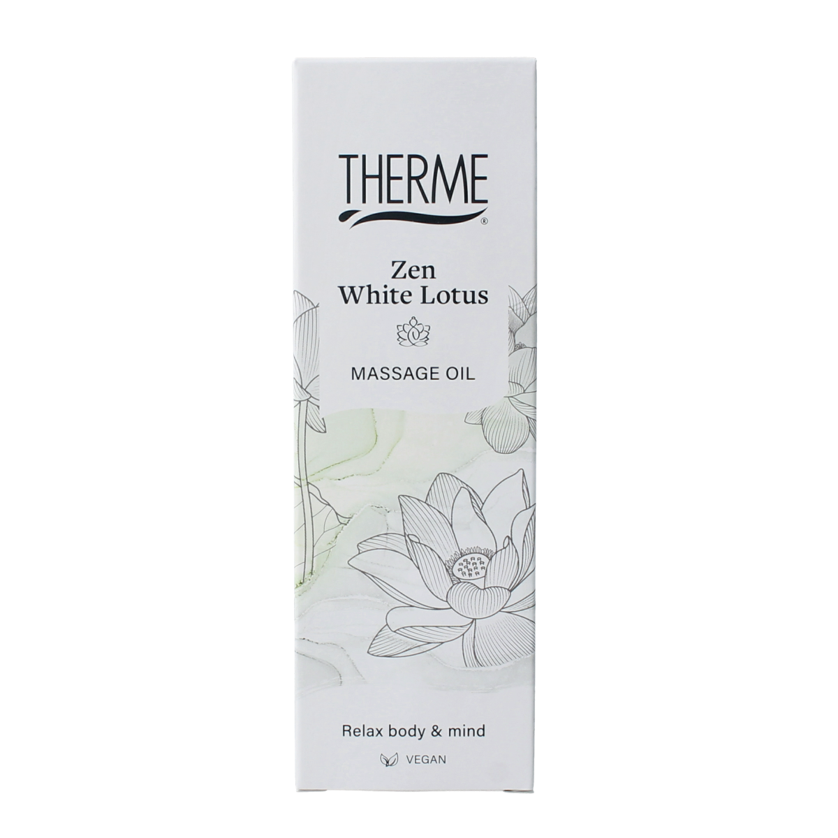 Therme Zen white lotus massage oil bottle, 125ml, with elegant white packaging and product label for body care.