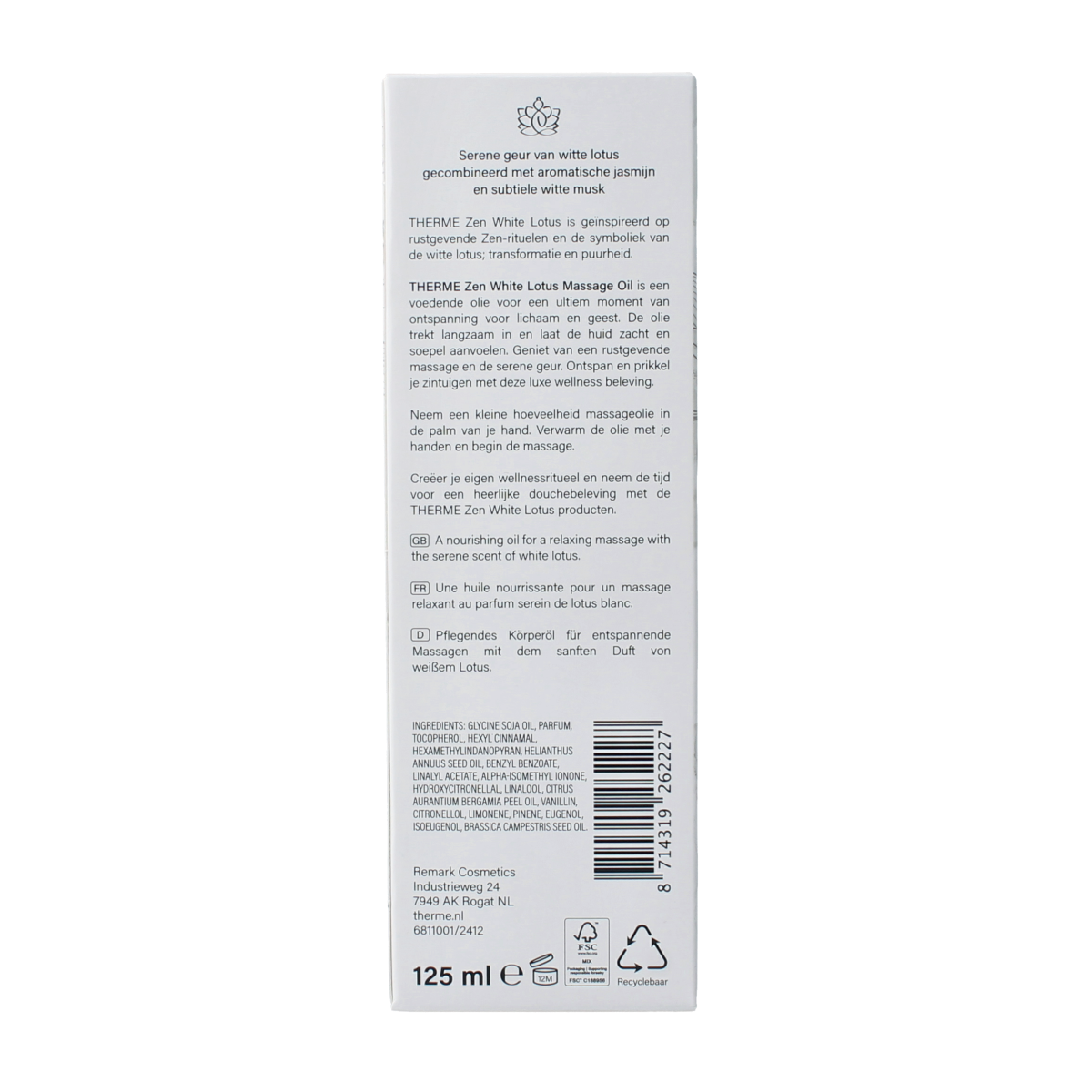 Therme Zen white lotus massage oil bottle, 125ml, with elegant white and lotus flower design, for body care and relaxation.