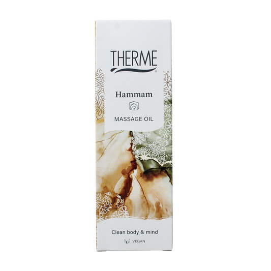 Therme Massageolie Hammam 125ml bottle with a natural skincare label and a black cap, designed for body care and relaxation.
