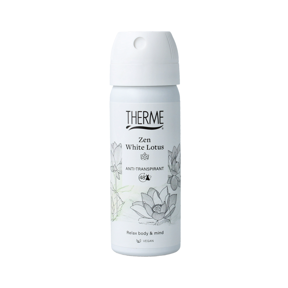 Therme Zen white lotus anti-transpirant deodorant 50ml bottle with white and purple packaging, designed for freshness and odor control