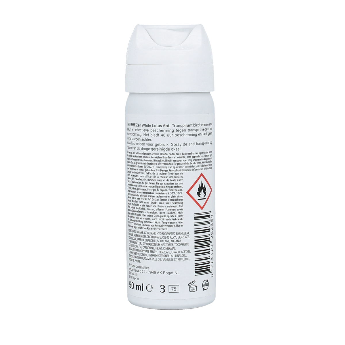 Therme Zen white lotus anti-transpirant deodorant 50ml bottle with white and purple design, featuring floral lotus imagery.