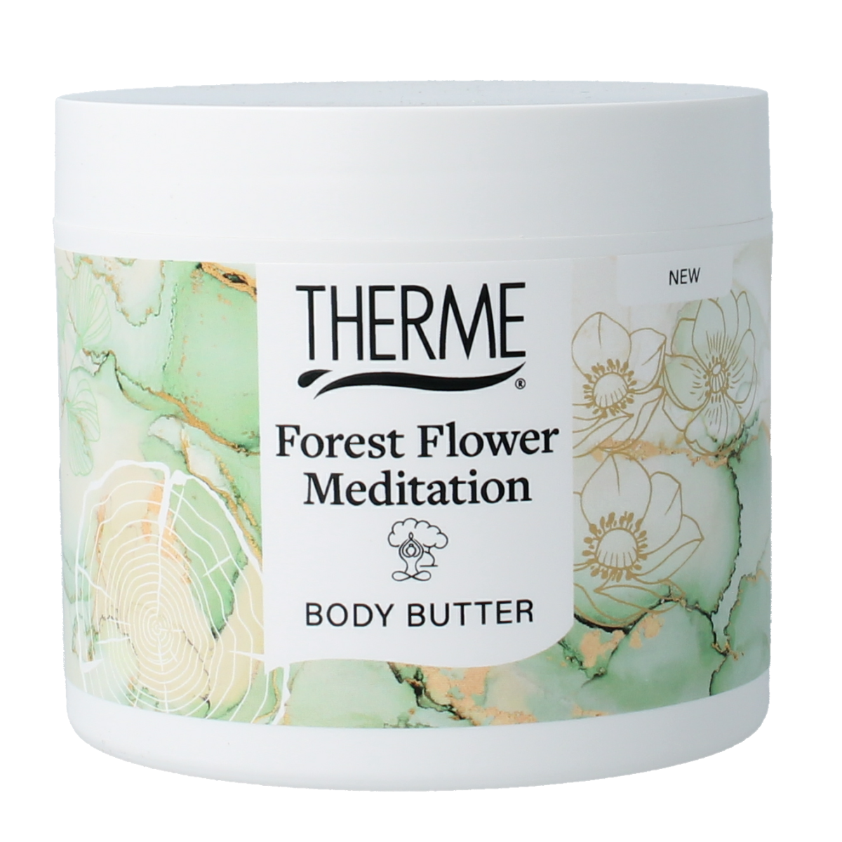 Therme Forest Flower meditation body butter in 225g jar, smooth cream with floral scent, suitable for body moisturizing.