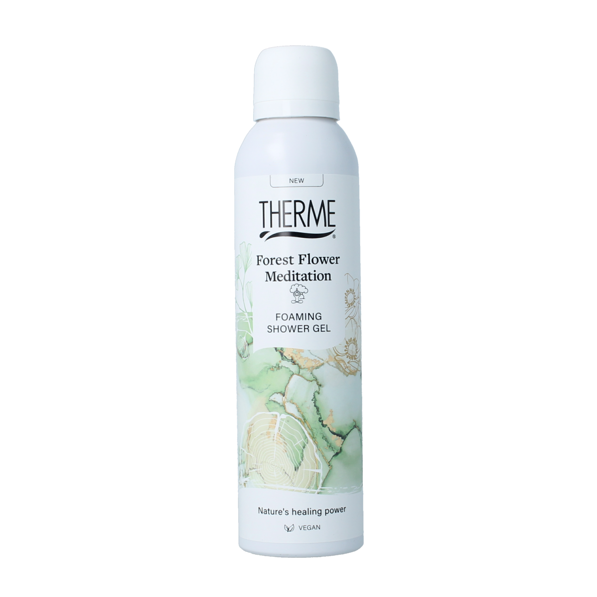 Therme Forest Flower meditation foam shower gel in 200ml bottle, featuring floral and soothing design on the packaging