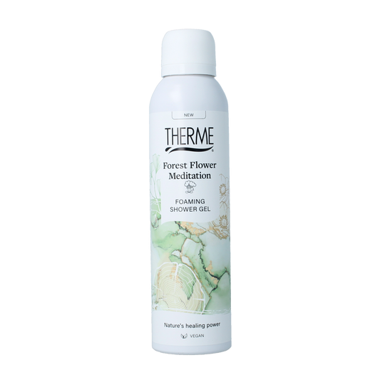 Therme Forest Flower meditation foam shower gel in 200ml bottle, featuring floral and soothing design on the packaging