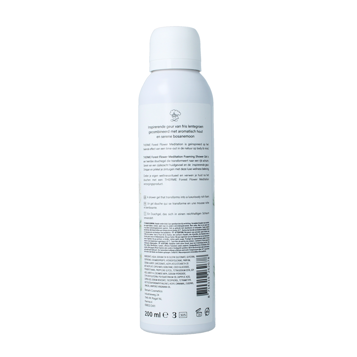 Therme Forest Flower meditation foam shower gel in 200ml bottle, featuring floral and soothing design on the label.
