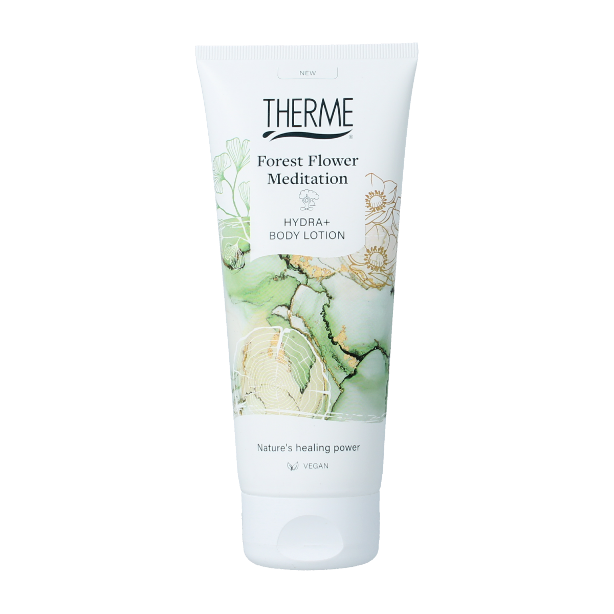 Therme Forest Flower meditation body lotion 200ml in a sleek bottle, featuring floral and natural design elements.