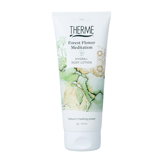 Therme Forest Flower meditation body lotion 200ml in a sleek bottle, featuring floral and natural design elements.