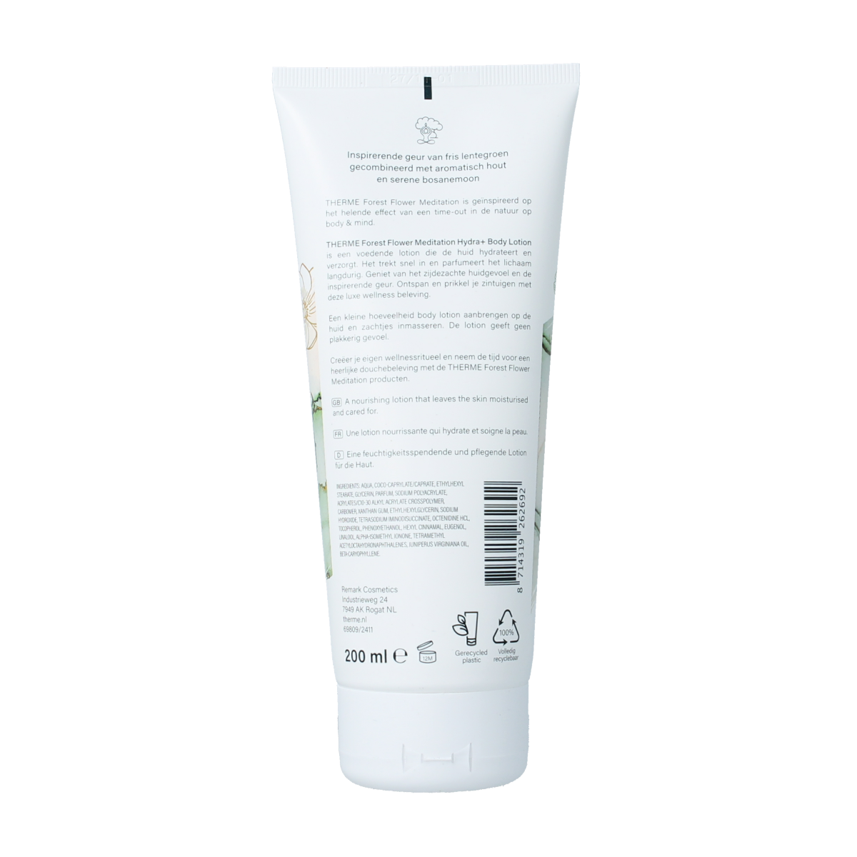 Therme Forest Flower meditation body lotion in 200ml bottle, moisturizing body care with floral scent.
