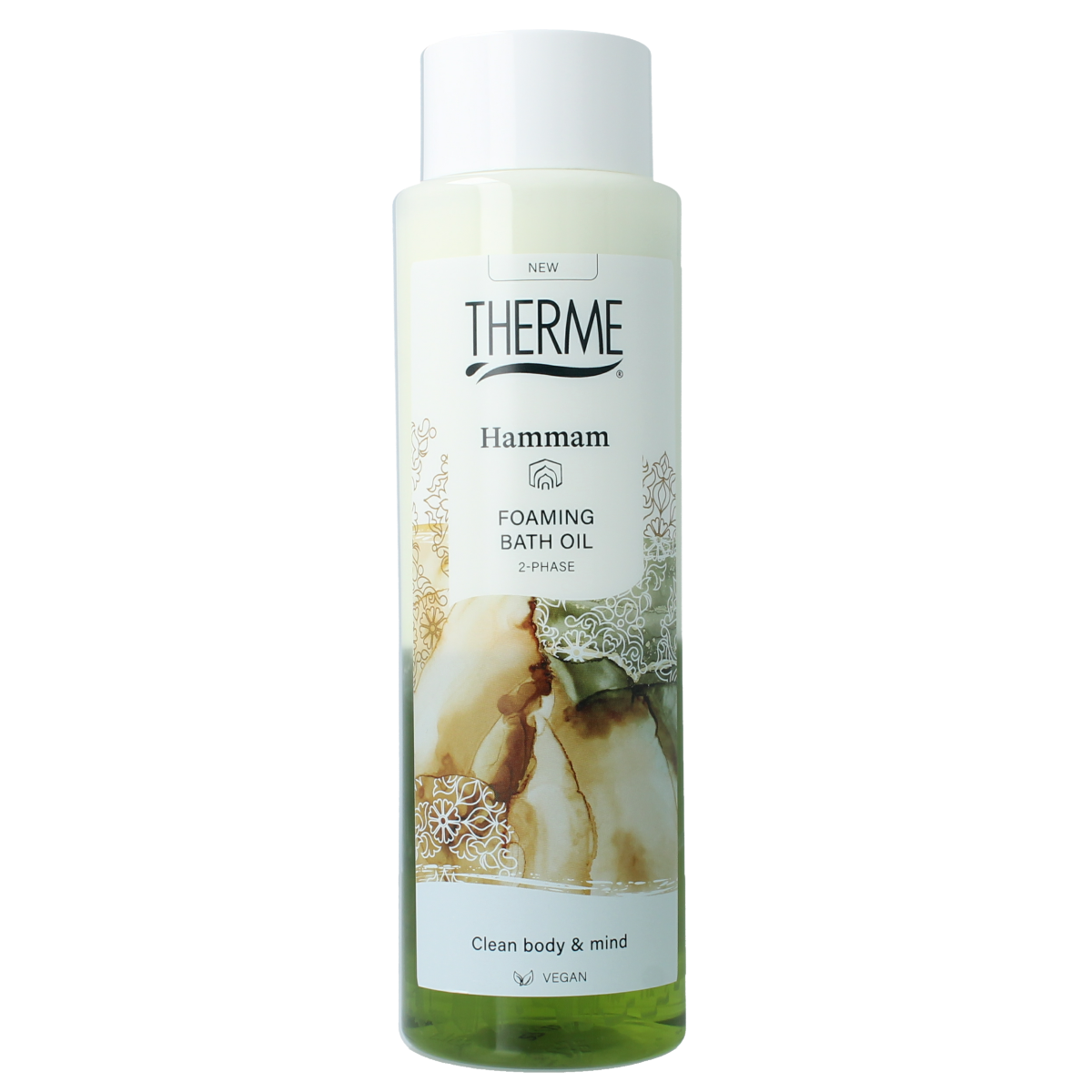 Therme Hammam foaming bath oil bottle for bath and shower, 400ml, with elegant label and pump dispenser.