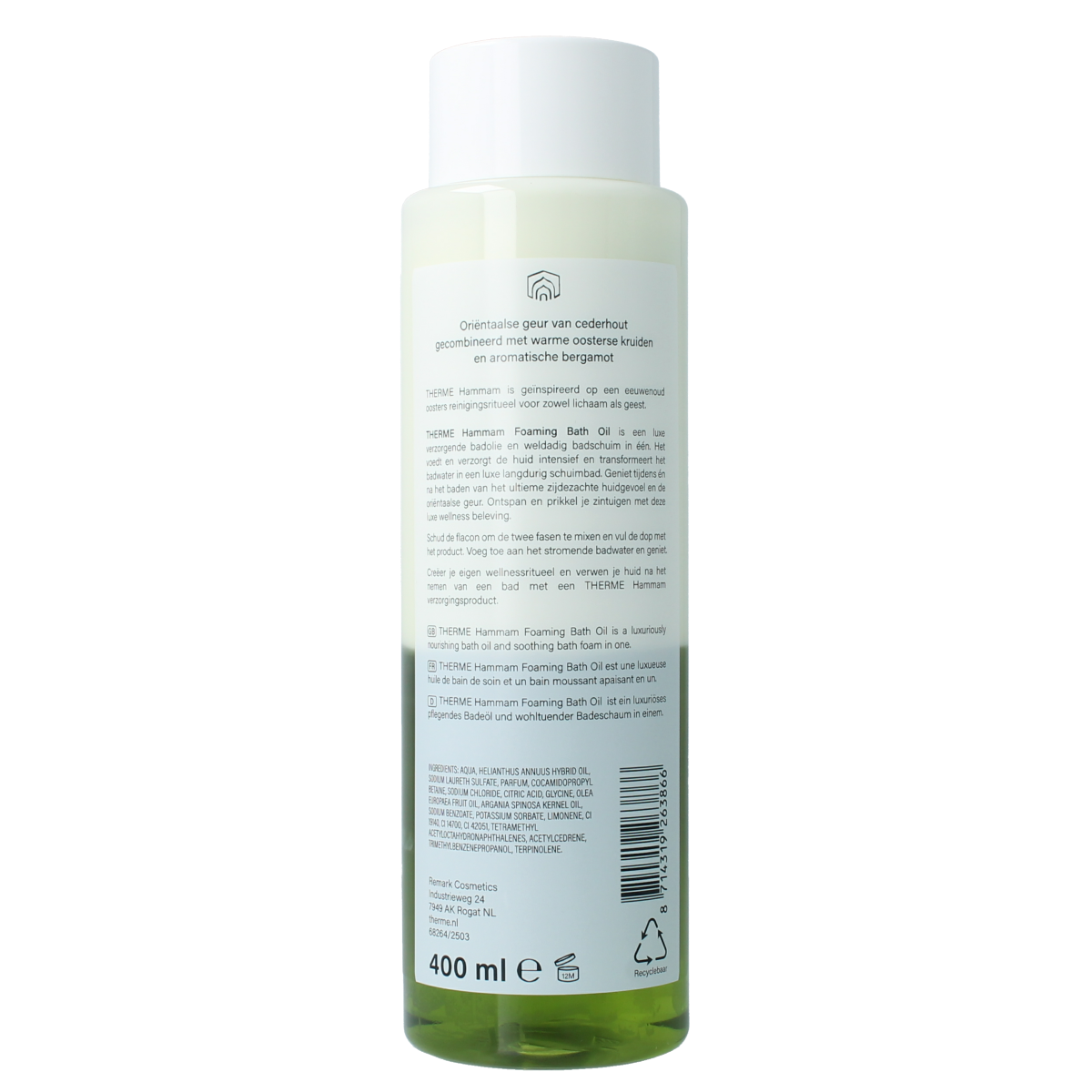 Therme Hammam foaming bath oil in a 400ml bottle, designed for bath and shower use, with a luxurious, foaming texture.