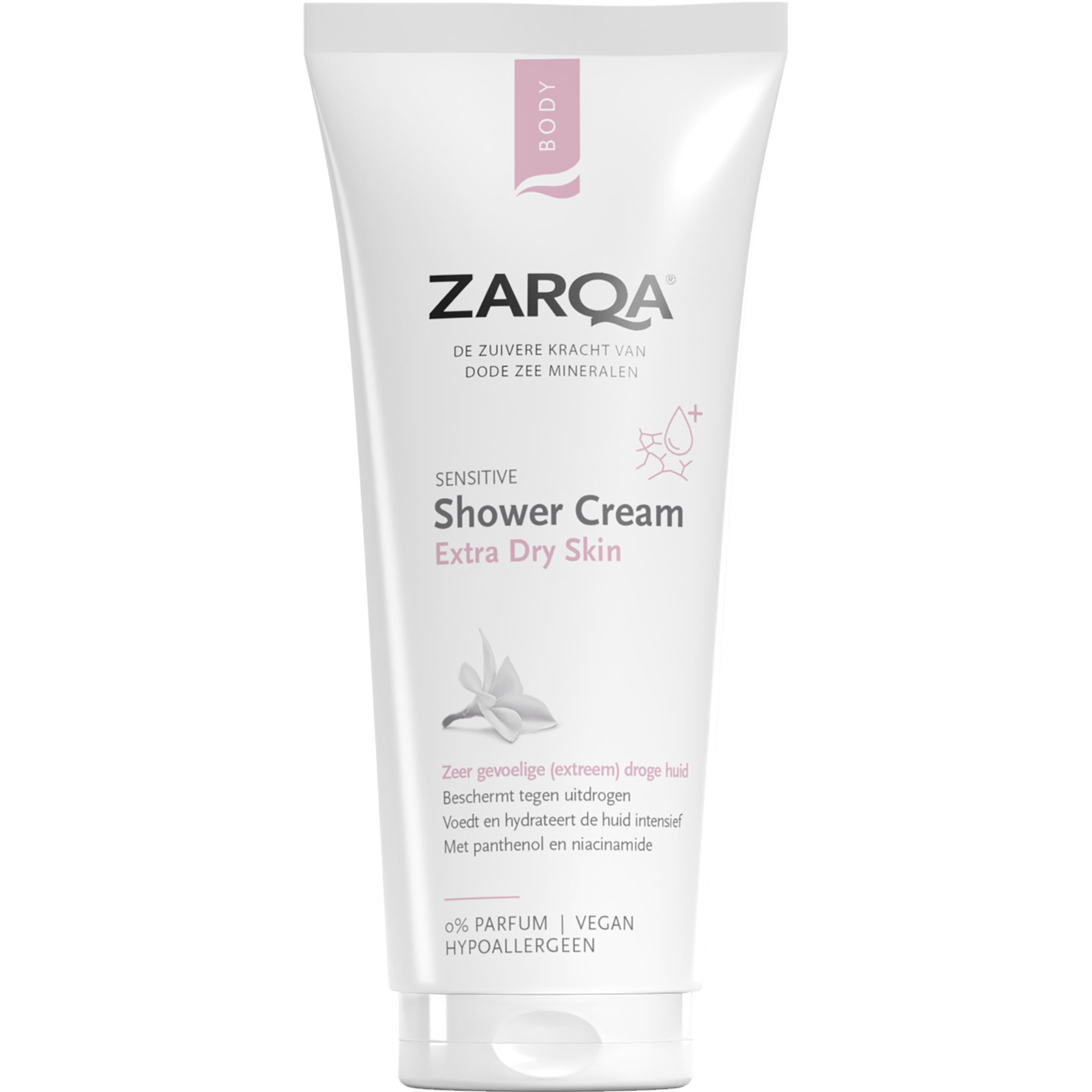 Zarqa Sensitive Shower Cream 200ml bottle, smooth and gentle bad en douche product with minimalist label and blue accents.