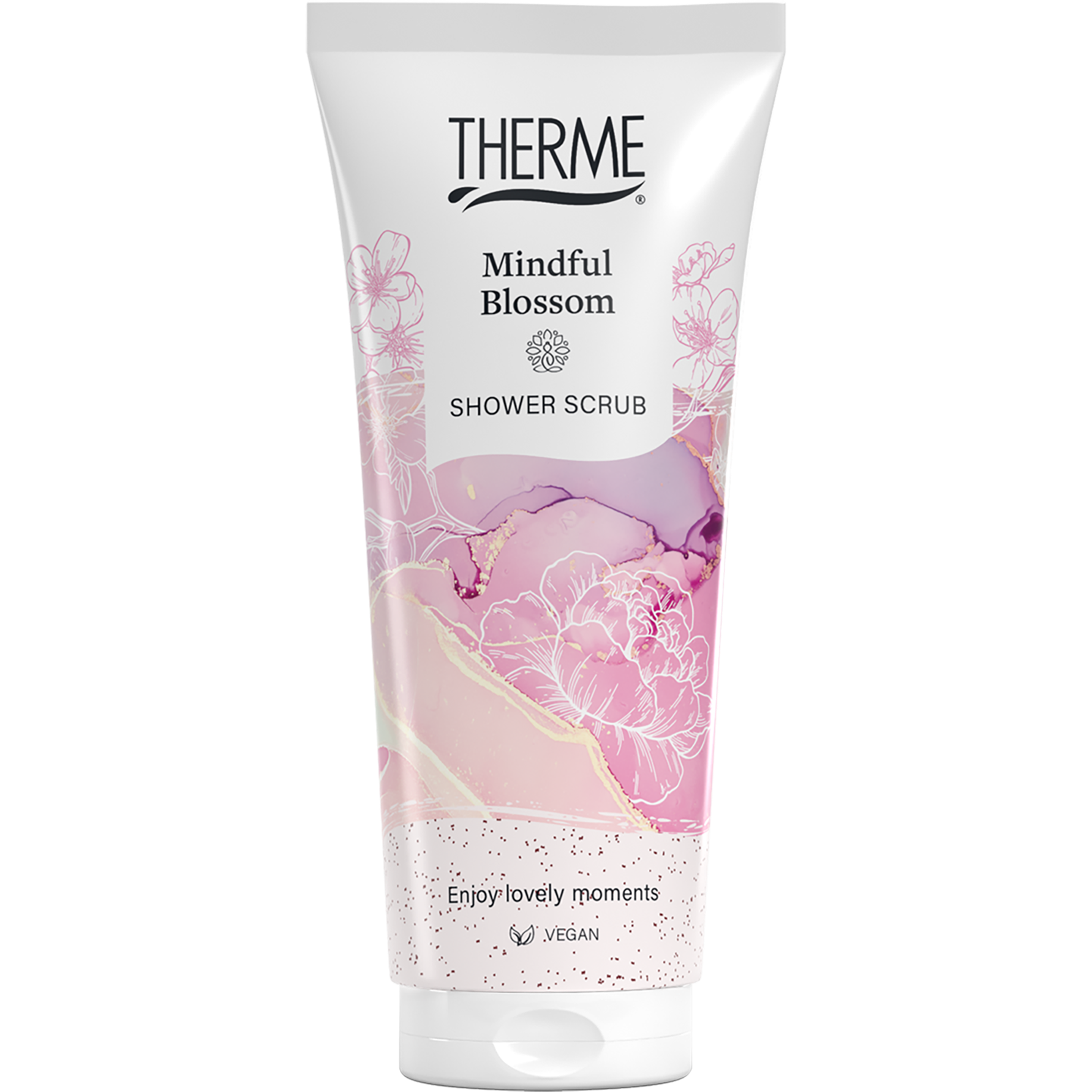 Therme Mindful Blossom shower scrub in 200ml bottle with floral design, ideal for nourishing body and shower routine.