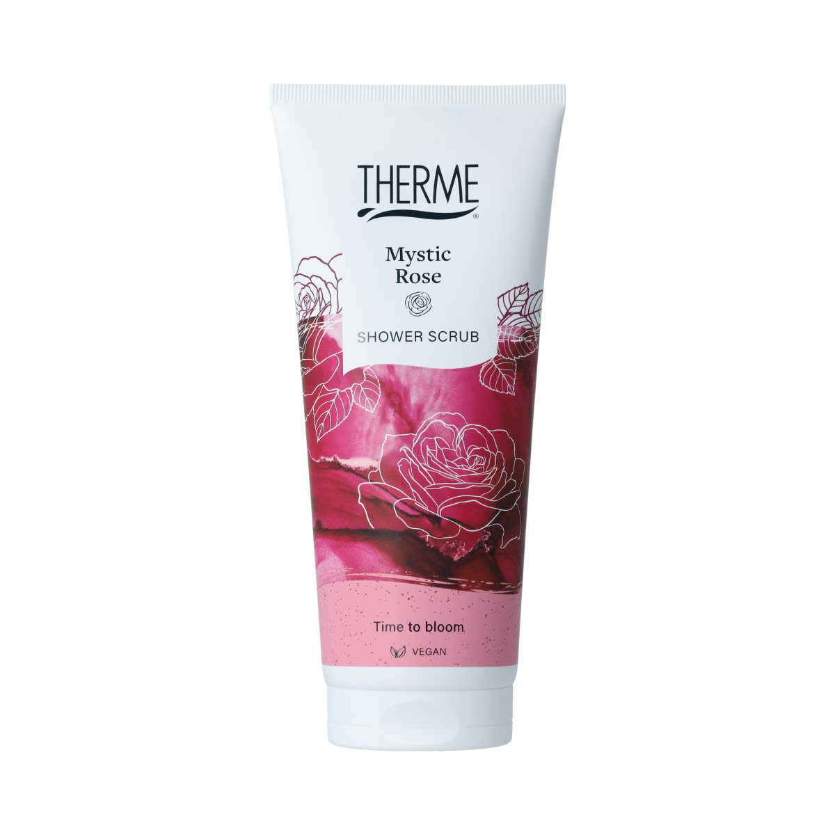 Therme Mystic Rose shower scrub in 200ml bottle, moisturizing body care product with rose fragrance, natural and revitalizing.
