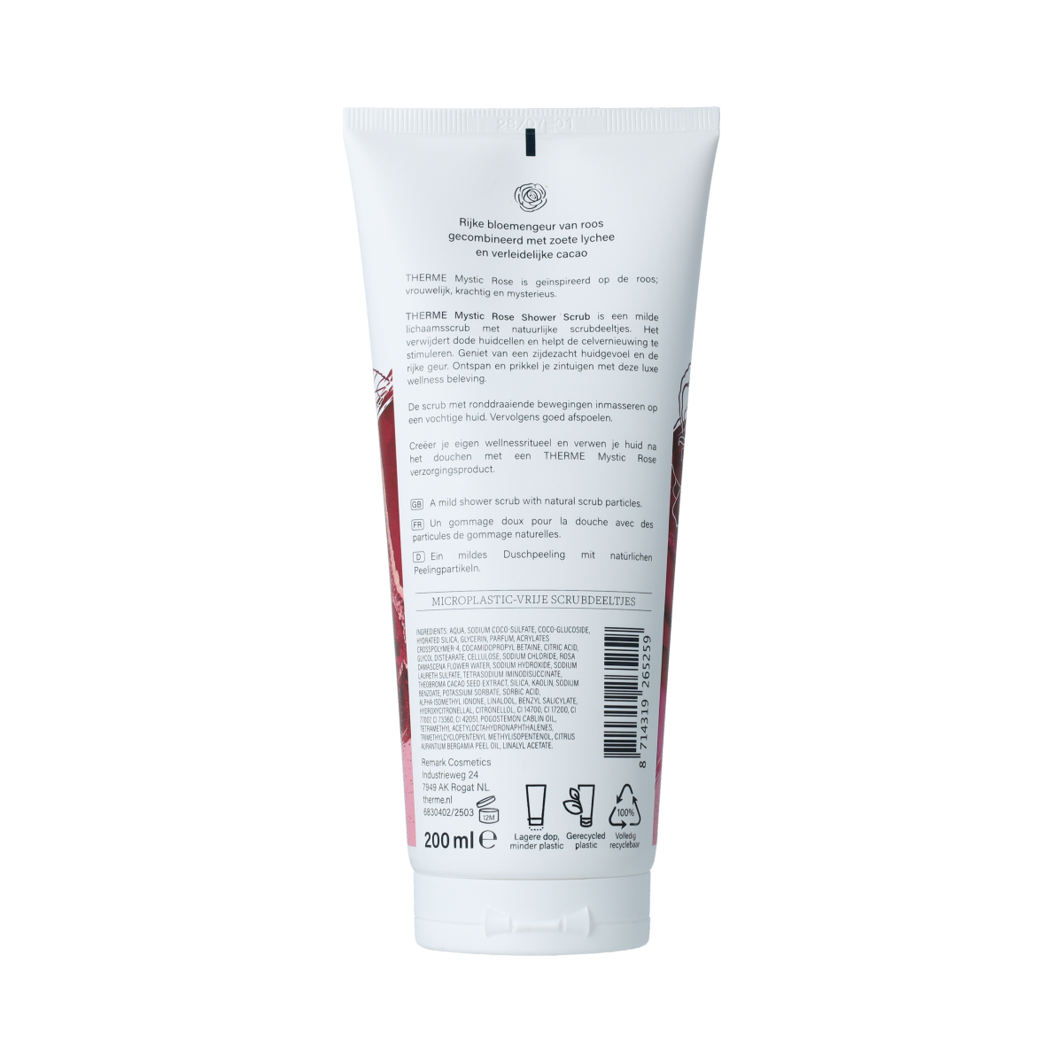 Therme Mystic Rose shower scrub in 200ml bottle, featuring a floral scent and exfoliating body care for smooth skin.
